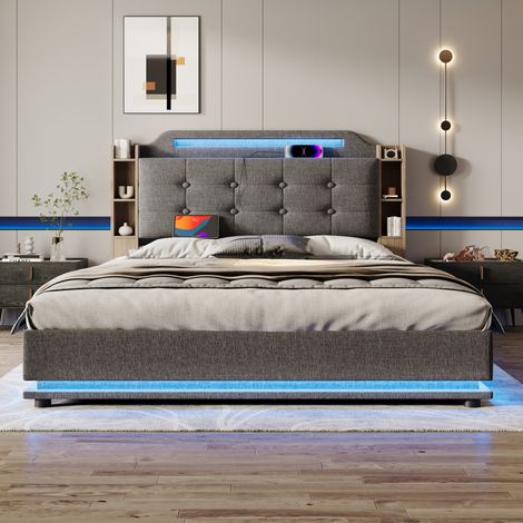 Cama tapizada retro 140x200 cm en lino gris con cabecero, LED, arcón hidráulico, estantes y USB/Type-C (1/5)