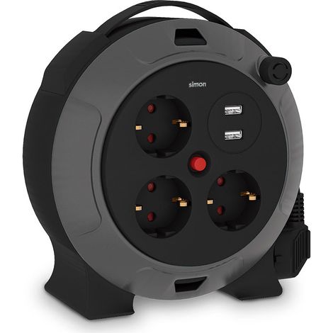 Enrollacables con 2 usb a, 3 tomas 2p+tt schuko, 16 a, 230 v, h05vv-f 3 g 1,5 mm², 5 m, negro/gris (1/5)