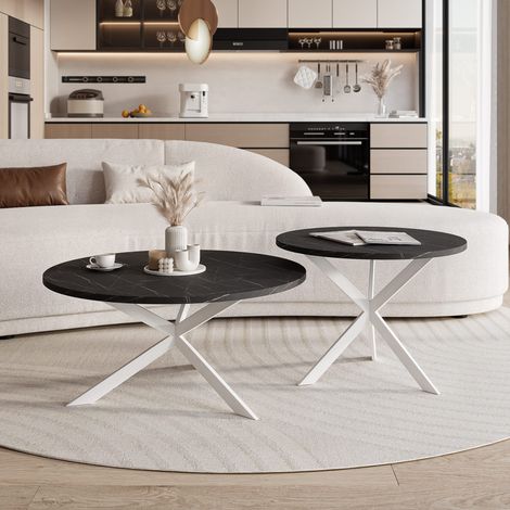 Lot de 2 Tables Basses Gigognes LIBERO - 75/58 cm - Structure en Métal - Moderne Table Basse Ronde - Blanc / Gris (1/5)