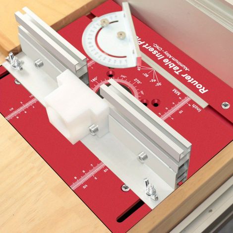 Plaque d'insertion pour table de défonceuse avec guide d'onglet, en alliage d'aluminium, pour établi de menuiserie, plateau rabattable pour le détourage, échelles rouges en millimètres et en pouces (1/4)