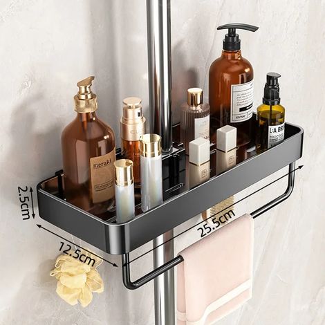 Support mural pour pommeau de douche (noir avec tige) - Fixation sans perçage - Rangement intégré pour shampoing - Étagère de rangement (1/5)