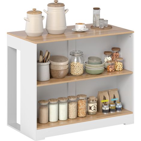 Tavolo da bar, tavolo alto da cucina a 3 livelli con 2 scomparti a giorno, piano effetto legno naturale, 113 x 60 x 90 cm, bianco (1/5)