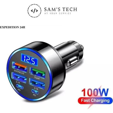 Cargador de coche con encendedor de cigarrillos de 6 puertos, 4 puertos USB + 2 puertos PD, pantalla y carga rápida.