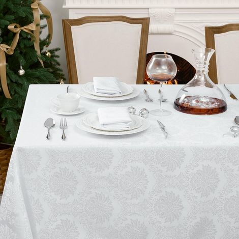 Nappe lavable 140x240 cm rectangulaire, Jacquard Baroque, imperméable, blanc