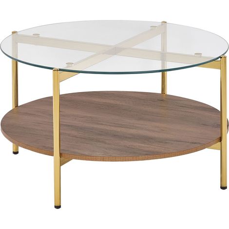 Table Basse Moderne Plateau Rond en Verre Trempé et Étagère Bois Foncé et Cadre Métallique Doré Lovell (1/5)