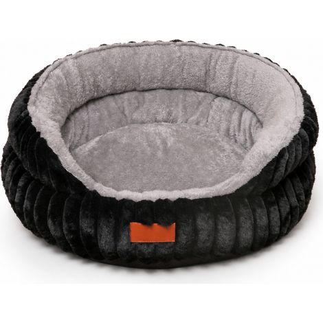 Panier Rond en Peluche pour Chats et Chiens, Rembourré à Rebords Surélevés, Noir et Gris (1/5)