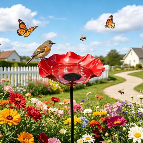 Abreuvoir Oiseaux Métal Fleur - 1 Pièce - Acier Thermolaqué Rouge - Bassin Peu Profond Anti-Gel - Jardin Terrasse Pelouse - 65 cm (1/5)