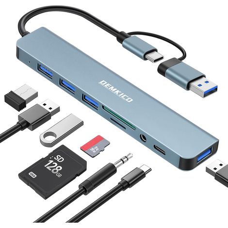 Hub USB C 8-en-1 avec 4 Ports USB et Lecteur SD/TF (Gris) Port de Données USB C, Prise Audio 3,5 mm pour Tablettes et Smartphones (1/5)