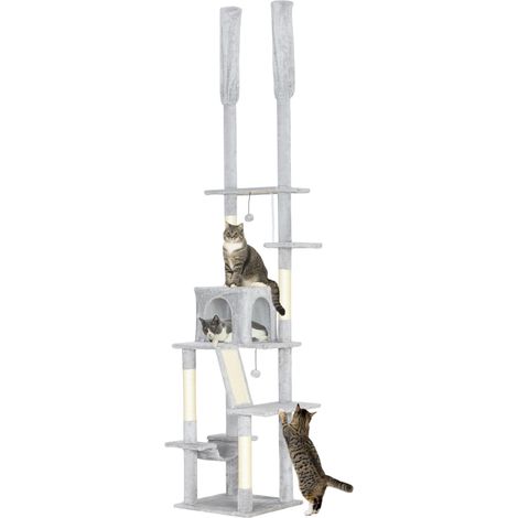 Hoher, wandmontierter 6-stufiger Katzenbaum mit Plattform und Hängematte, grau, höhenverstellbar 225-255 cm für große Räume