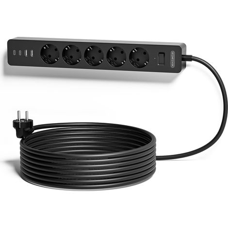 Multiprise 3M avec USB C, Multiprise Noire avec 5 Prises et 2 Ports USB, Livré avec Support Mural, Murale Montage, avec Interrupteur, Protection pour Les Enfants, Noire (1/5)