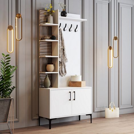 Mueble de Entrada Caccamo, Perchero, 10 Estantes, Puerta Batiente, 90x35x200h cm Blanco (1/5)
