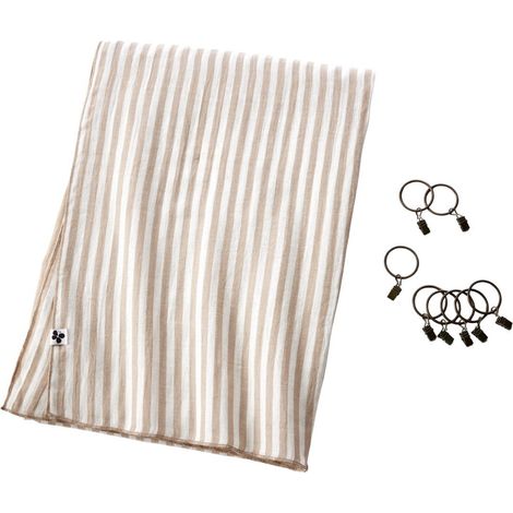 Rideau Ajustable 140x300 cm Gaze de Coton tissé rayé beige + 8 Anneaux Pince - ROMELIA (1/4)