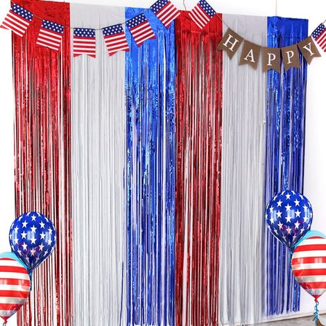 Rideau De Franges En Feuille Métallique - 3 x 1 M - Rouge Argent Bleu Ou Rouge Blanc Bleu - Décoration De Fête Et De Photo Booth (1/5)