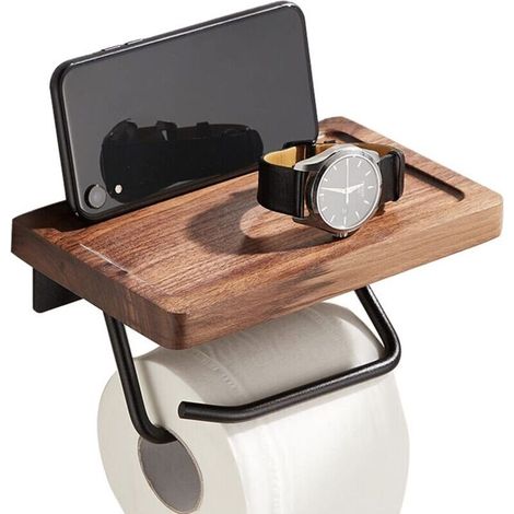 Porta rotolo di carta igienica da parete con ampio ripiano, autoadesivo, per cucina e bagno, in legno (A) (1/4)