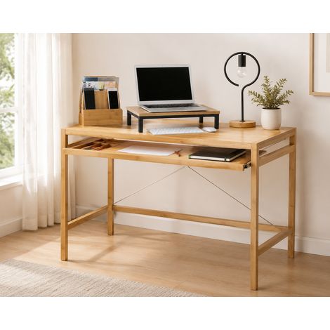Juego de escritorio industrial para oficina en casa (2 piezas): escritorio de ordenador de bambú y soporte para monitor (1/5)