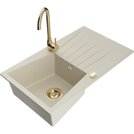 Mexen Cesar évier en granit 1 bac avec égouttoir et robinet de cuisine Telma, beige - 6514-69-670200-50