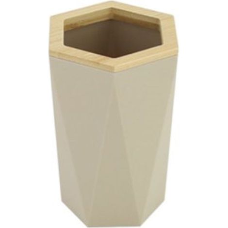 Cleafe - Bicchiere Porta Spazzolini A Cilindro Esagonale Geometrico Beige Legno Da Bagno 10842 - (1/3)