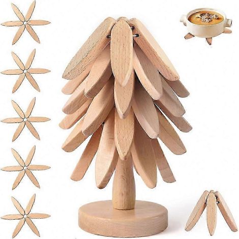 Dessous de plat en bois en forme d'arbre, lot de 5 dessous de plat empilables pour casseroles et poêles (1/5)