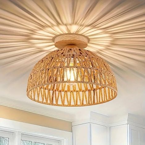 Abat-jour en osier naturel fait main, style wabi-sabi, à fixer au plafond, idéal pour un restaurant insulaire, une chambre ou un salon - Ampoule non incluse