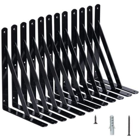 Equerre Etagere Murale, 10 Pcs Supports Triangulaires de 90 Degrés en Acier, Équerres Étagères 150mm x 95mm, Support d'angle Brace avec 50 pcs Vis et 20 pcs Ancres (Noir) (1/4)