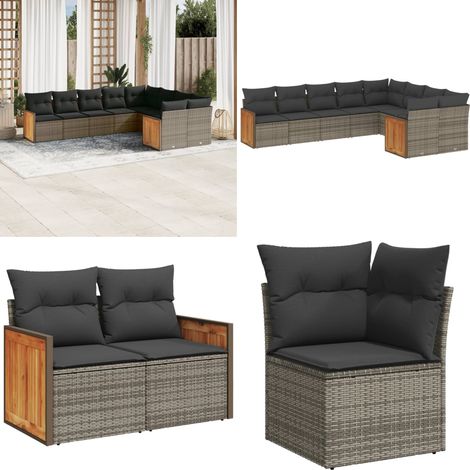 9-tlg. Garten-Sofagarnitur mit Kissen Grau Poly Rattan - Gartengestelle - Gartenmöbelset - Lounge Set - Rattan Möbel - Gartenlounge - Home & Living (1/5)