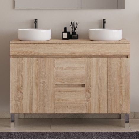 Meuble de salle de bain 120cm sur pieds avec plateau et deux cuves à poser rondes - sans miroir - portes et tiroirs - cambrian (chêne clair) - HARO (1/5)
