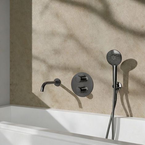 Fortifura Calvi Ensemble robinet de baignoire - bec - 22cm raccourcissable - panneau de commande rond - flexible lisse - douchette ronde - corps (1/5)