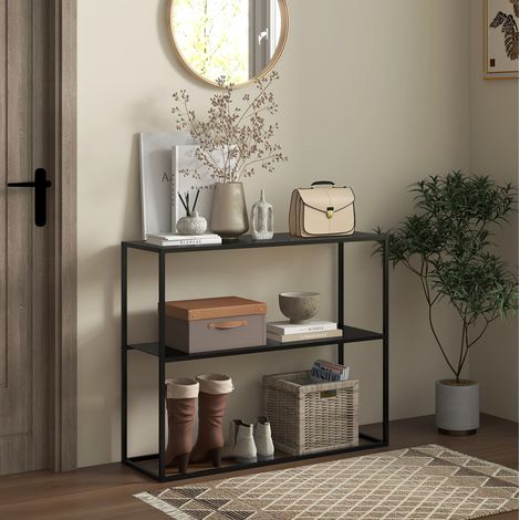 Konsolentisch mit 2 Ablagen 90x30x75 cm Stahl Schwarz OKMYHOME (1/5)