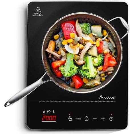 Aobosi Induktionskochplatte,Induktionskochfeld 1 Platte, 20 Leistungsstufen und 20 Temperaturstufen,2000W Tragbares Induktionskochfeld,LED Display,10H-Timer,Booster-Funktion,Silber (1/5)