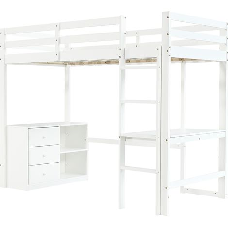Kinder-Hochbett 90 x 200 cm Weiß mit Schreibtisch, Kommode und Regal HOMVRA (1/5)