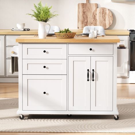 Carrito de cocina 107 x 45-70 x 90,5 cm - con ruedas y mesa extensible, cajones - blanco (1/5)