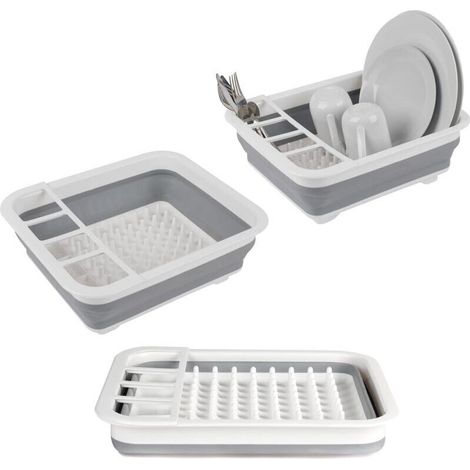 Égouttoir à vaisselle pliable avec porte-ustensile - parfait pour les propriétaires ou le camping, résistant à la déchirure, conception peu encombrante, pieds antidérapants, Gris (1/4)