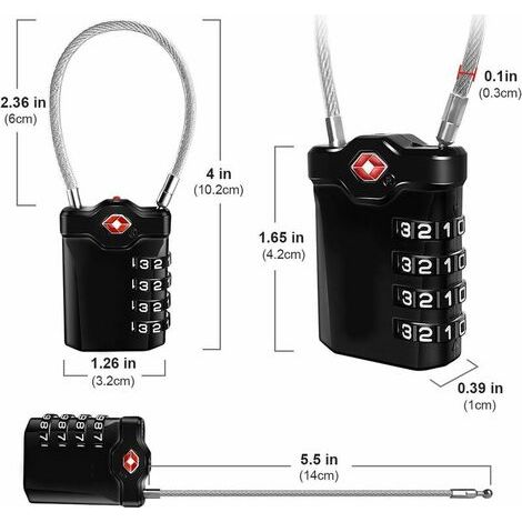 Code 4 Chiffres Cadenas Bagage pour Valise Voyage Cadenas Casier Collège avec Fonction d'alerte Bagages Ouverts et Cable en Acier (Noir)-1 article (1/3)