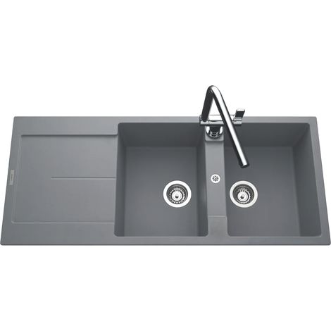 Évier granit gris 116x50 cm – 2 bacs réversibles – Évier à encastrer avec bonde et siphon inclus – Pour meuble sous évier 80 cm – Luisina (1/3)