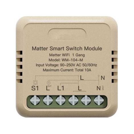 Relè Passo Passo Mini Interruttore Matter WiFi 2.4G, 10A TUYA, Compatibile Apple Home, Google Home, Alexa, SmartThings, 2200W, AC 90-250V 50/60Hz, 40x40x18mm, IP20