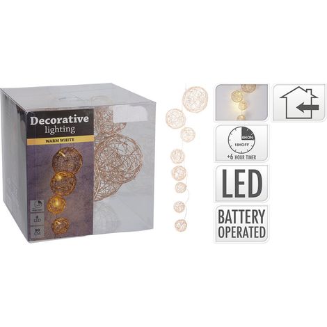 Girlande 8 Jutekugeln mit LED (verschiedene Durchmesser) Warmweiß 90cm BASICS