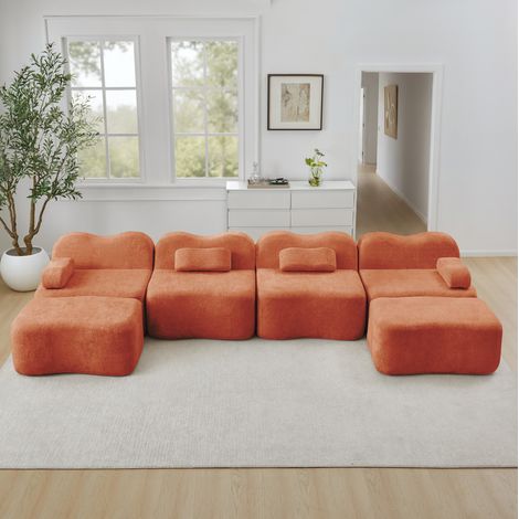Canapé modulaire en U 384x167x70 cm orange en velours avec 2 ottomans et assises profondes (1/5)