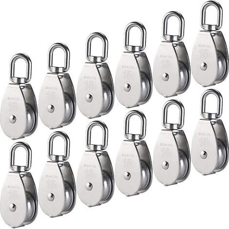 12 Pieces M15 Single Pulley in 304 Stainless Steel, 15MM Single Pulley Block Roller, Crane Swivel Hook Smooth Wire Rope Cable Load 77lbs/35Kg (1/4)