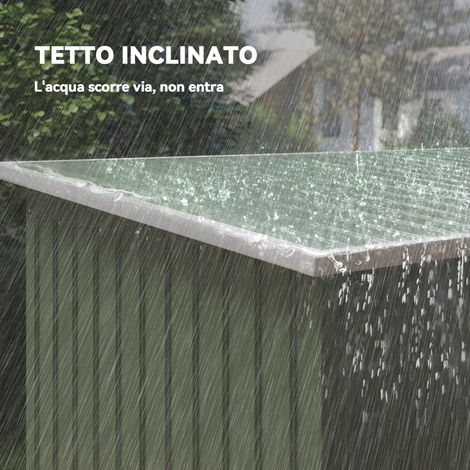 Coffre abri de jardin en acier galvanisé 3,2 m², vert clair, toit incliné, double porte coulissante verrouillable, aérations, kit de base fourni. (1/5)