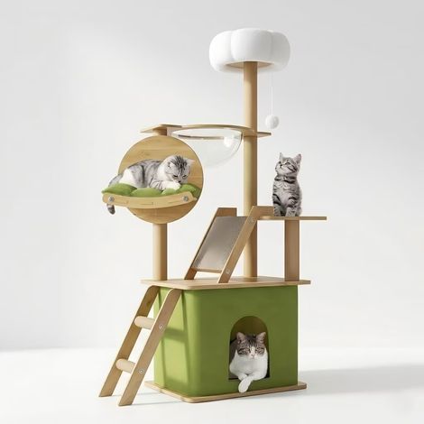 Arbre a Chat Haut 150cm-Avec 1Capsule Spatiale, 1 Maison pour Chat, 1Planche à gratter pour Chat, 1Hamac pour Chat, 1Plateforme de Saut en Peluche,1balle Jouet,1Coussin Vert (Couleur Vert) (1/5)