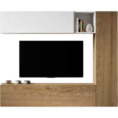 Mur TV modulable suspendu design blanc et naturel Lina L 214cm - 4 pièces (1/5)