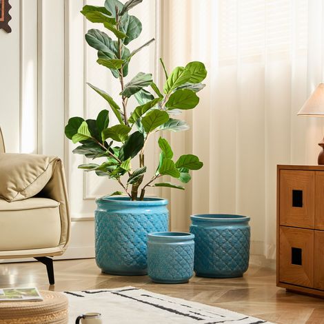 Lot de 3 pots en céramique bleue ornés de motifs géométriques (Ø 38,1/30,5/22,9 cm), idéal pour orchidées. Usage intérieur/extérieur, sur rebords de fenêtre ou étagères, terre cuite respirante.