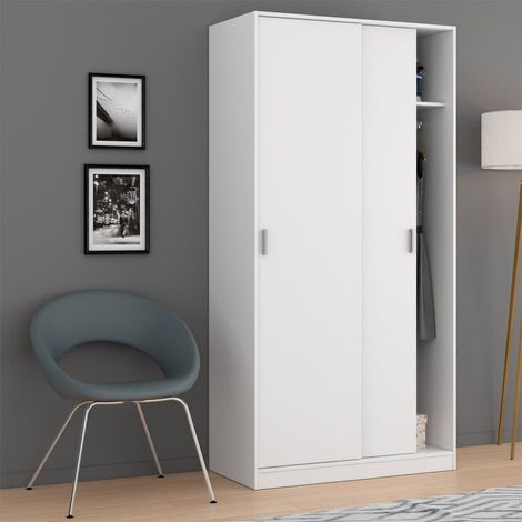 Armoire 2 portes coulissantes blanche 100x50x200 cm – Panneaux mélaminés 15 mm – Rangement vêtements et accessoires – Design contemporain – Habitdesign (1/10)