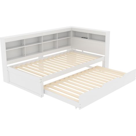 Cama multifunción 90 x 200 cm con cama nido 90 x 190 cm, USB y almacenaje, blanca (1/5)