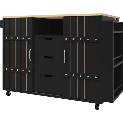 Isla de cocina negra de MDF 110 x 42 x 90 cm con puertas correderas, cajones y ruedas (1/5)