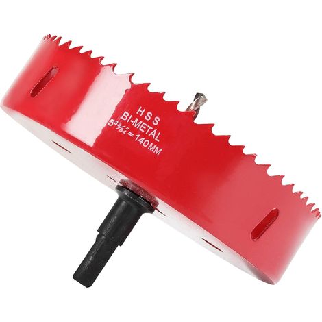 Scie cloche -140 mm - Acier rapide HSS M42 bi-métal - Scie-cloche avec tige hexagonale et foret pour bois, construction sèche et tôle métallique - 1 pièce - Rouge (1/5)