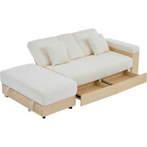 Divano letto con contenitore in ciniglia beige 217 cm con schienale regolabile e 2 cassetti (1/5)