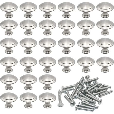 Poignées de Porte Rondes 27 mm 30 Pièces Poignée Tiroir Champignon Forme en Acier Inoxydable Brossé Poignées Rondes de Cuisine en Argent avec 30Pcs Vis pour Meubles Tels Que Tiroirs Placards ​Armoires