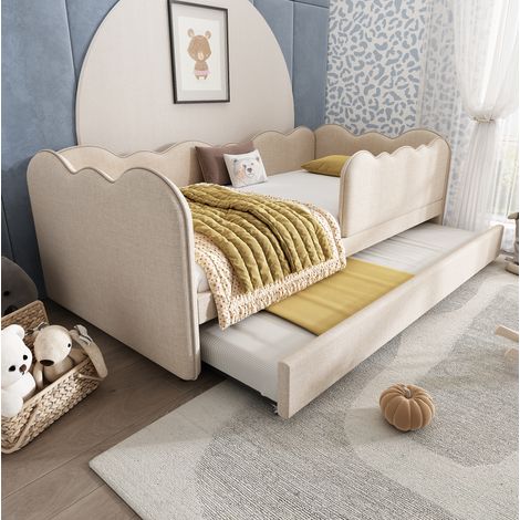 Lit banquette nuage rembourré 90x190 cm beige, lin, avec lit gigogne et sommier à lattes (1/5)