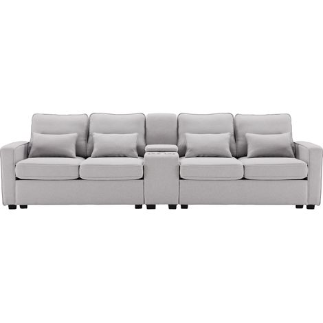 Sofá de 4 plazas de lino gris con consola, 2 portavasos y 2 puertos USB (1/5)